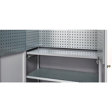 Open metal cabinet, interior with holes and two shelves.