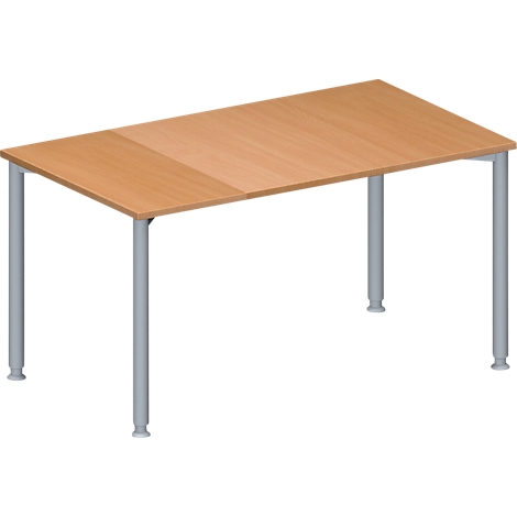 Rectangular table with light brown tabletop and gray legs. The legs are cylindrical with adjustable feet.