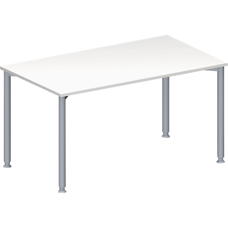 White table with gray legs, perspective view.