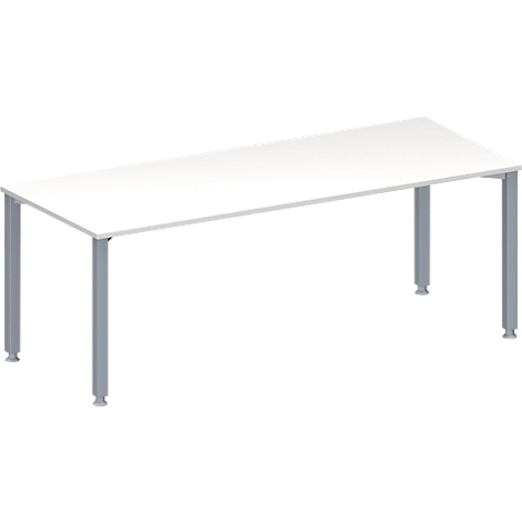 White table with four gray legs. The tabletop is rectangular.