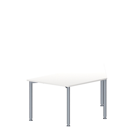 Una mesa blanca con patas plateadas sobre un fondo blanco.
