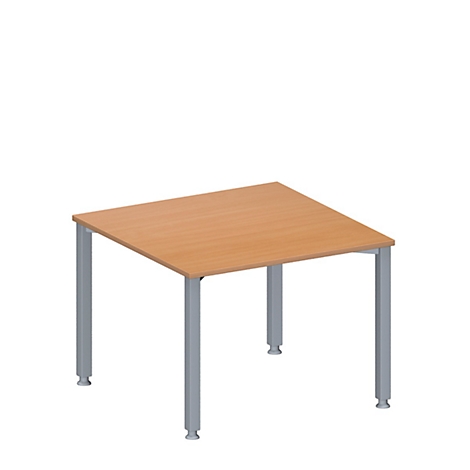 Mesa cuadrada con tapa marrón claro y patas grises. La mesa está sobre un fondo blanco.