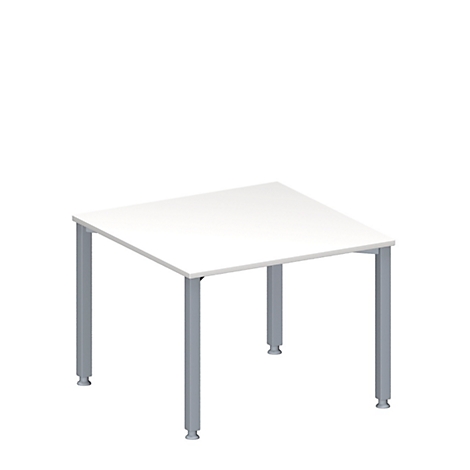 Mesa cuadrada blanca con patas grises, aislada sobre fondo blanco.