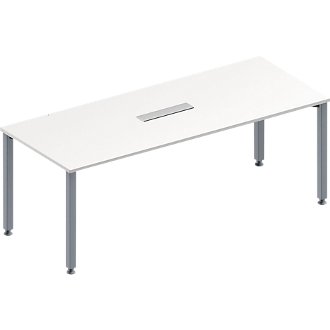 A white conference table with a gray frame. A rectangular, silver recess is set into the tabletop.