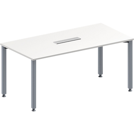 White, rectangular conference table with silver legs and a rectangular recess in the middle of the table.