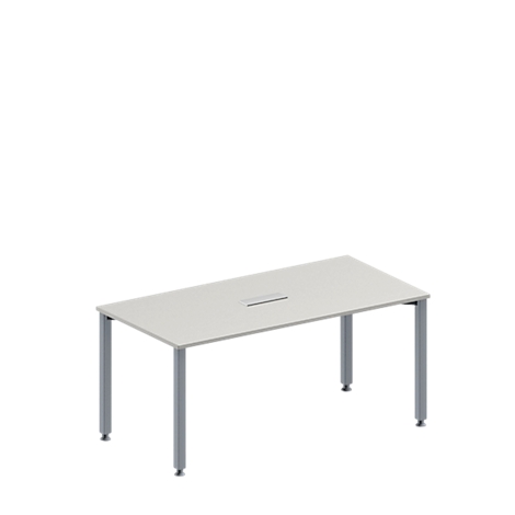 A rectangular conference table in light gray with gray legs, a slot in the middle.