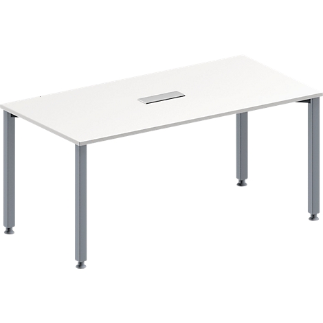 White table with silver legs and a power outlet in the middle.