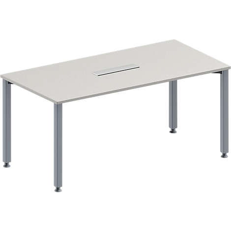 Rectangular table with a light gray table top and silver legs, a long metal opening in the center.