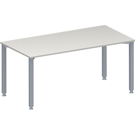 White table with gray legs. Rectangular tabletop. 4 legs.
