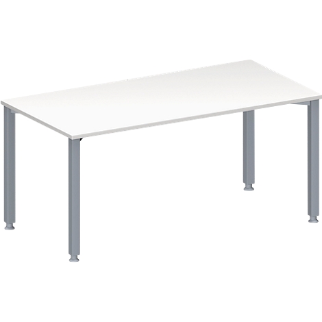 White office table with gray legs, perspective from above.