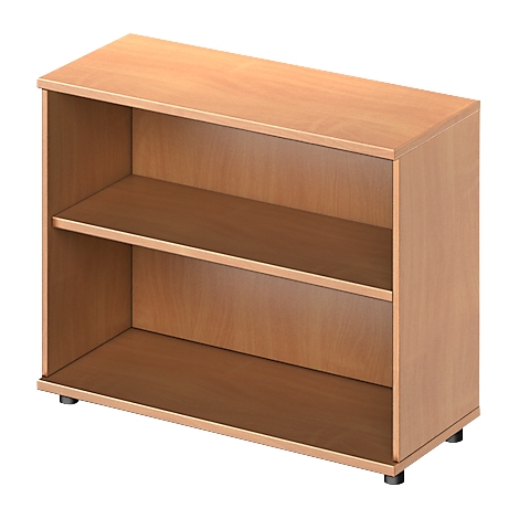 Een rechthoekige, lichtbruine boekenkast met twee planken. De boekenkast staat op vier zwarte voetjes.