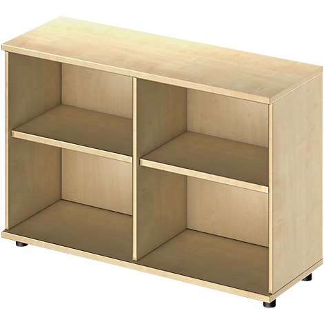 Beige boekenplank met twee compartimenten aan elke kant, met zwarte poten.