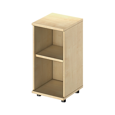 Een lichtbruine kast met twee compartimenten en een plank.
