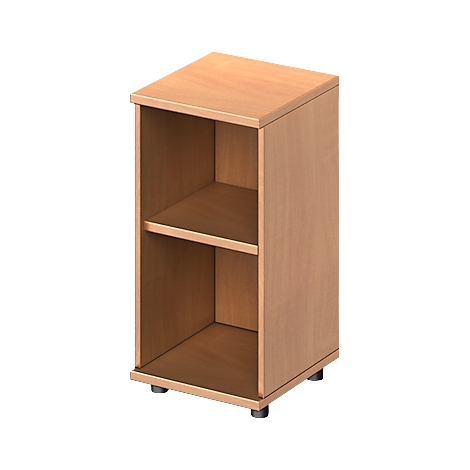 Een kleine houten kast met twee compartimenten. De houtnerf is duidelijk zichtbaar.