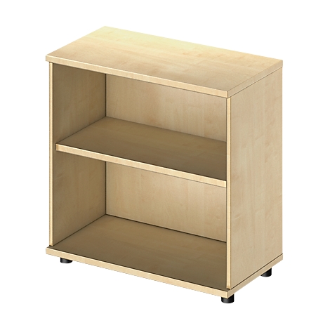 Lichtbruine houten boekenkast, twee open planken, zwarte poten.
