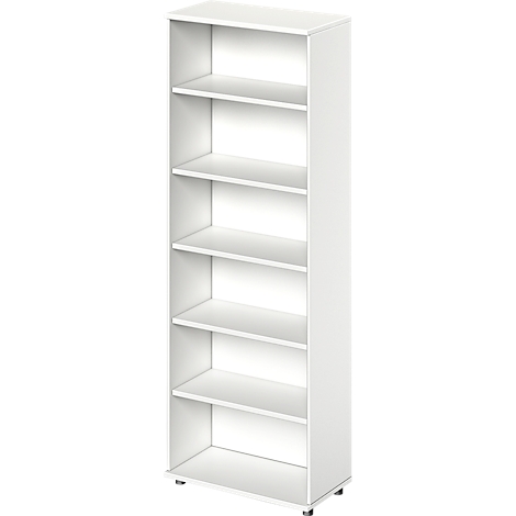 Wit boekenkast met zes planken. De constructie is eenvoudig en modern.