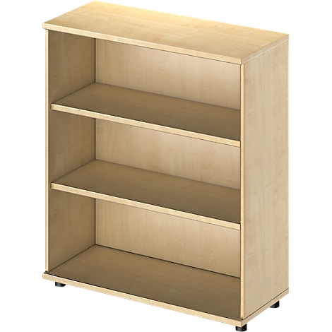 Een lichtbruine boekenkast met drie compartimenten gescheiden door horizontale planken.