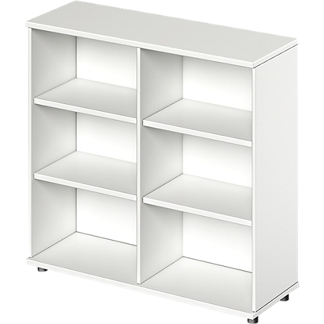 Witte boekenplank met zes compartimenten; staat op vier kleine voetjes.