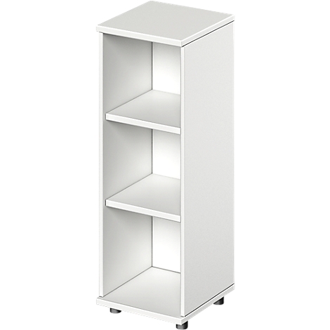 Wit rek met drie vakken. Vierkante vorm, op kleine voetjes. Eenvoudig, modern design.