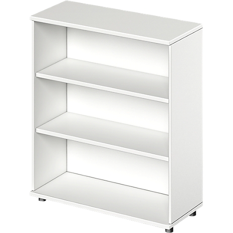 Witte boekenkast met drie planken. De zijkanten zijn glad, de hoeken afgerond.
