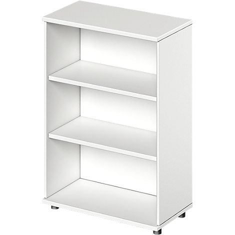 Wit boekenkast met drie planken. Hoekige vorm, eenvoudig ontwerp, op kleine pootjes.