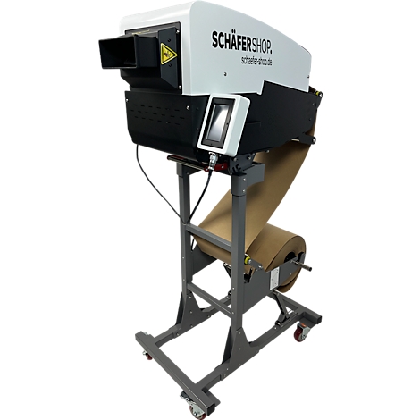 Verpakkingsmachine van Schäfer Shop. Met papieren rol, bedieningspaneel en rolvoet.