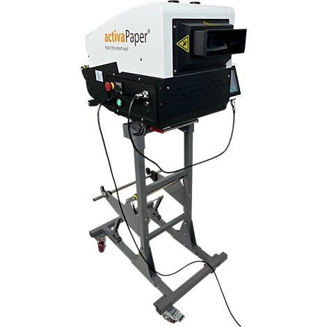 Grosser, weiss-schwarzer Drucker mit 'activaPaper' Schriftzug auf grauem Ständer, Kabel. Warnschilder.