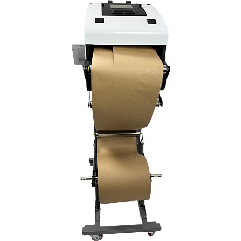 Verpackungsmaschine mit braunem Papier, bereit zum Verpacken. Auf Rädern, für einfachen Transport.