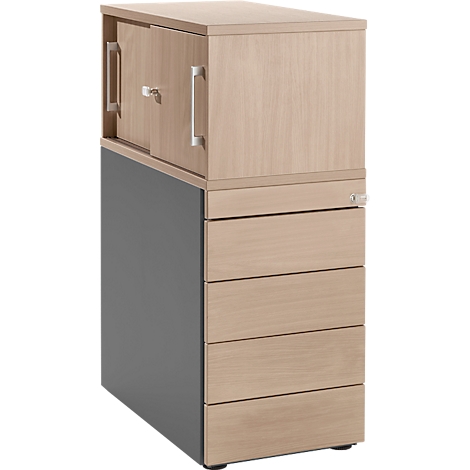 A grey and wood colored cabinet with four drawers, a door and a key.