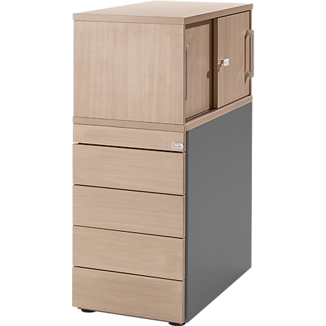 A two-tone office furniture with drawers and cabinet doors. The upper and lower elements are light, the middle part is dark gray.
