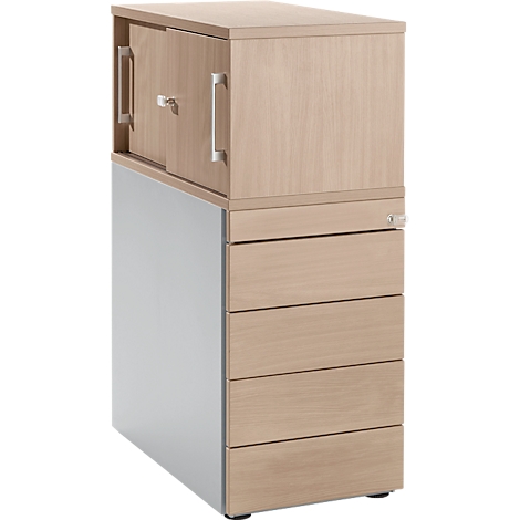 A desk container with light brown drawers and cabinet part, gray body.
