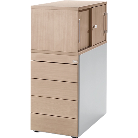 Two-tone cabinet with sliding doors on top and drawers below. Wood and metal look.