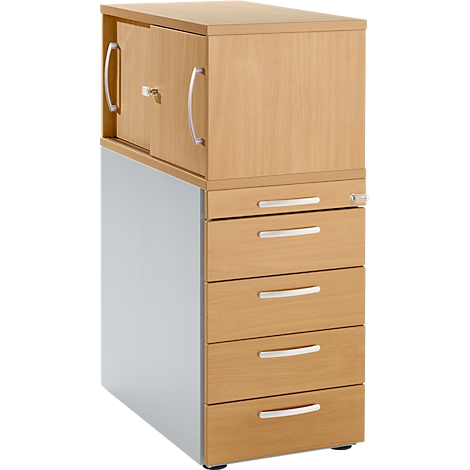 Office cabinet with wooden front and drawers, cupboard door at the top, light colors.