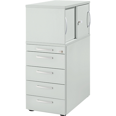 Gray filing cabinet with drawers and cabinet. Handles and lock visible.