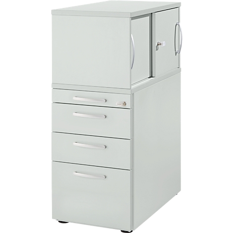 Gray filing cabinet with drawers and cabinet doors. A lock is visible on the cabinet.