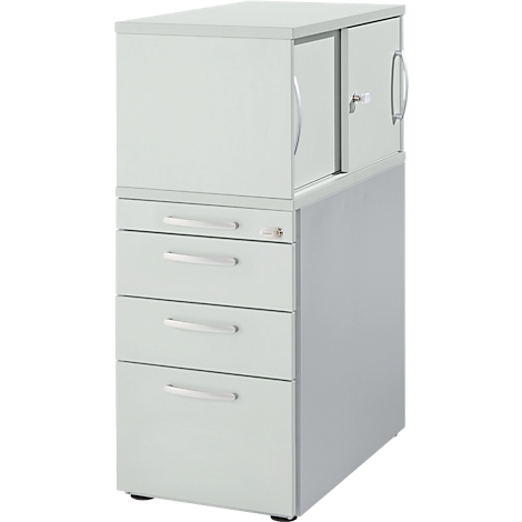 Grey stackable office cabinet with drawers and sliding doors, silver handles and keys.