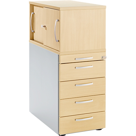 Two-tone office cabinet with cupboard and drawers. Cupboard is light, drawers and base are wood look.