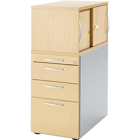 A two-tone office container with drawers and cabinet doors. The furniture stands on a white background.