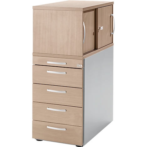Two-part cabinet with drawers and cabinet doors. Wood-colored, silver handles. Stands on gray feet.