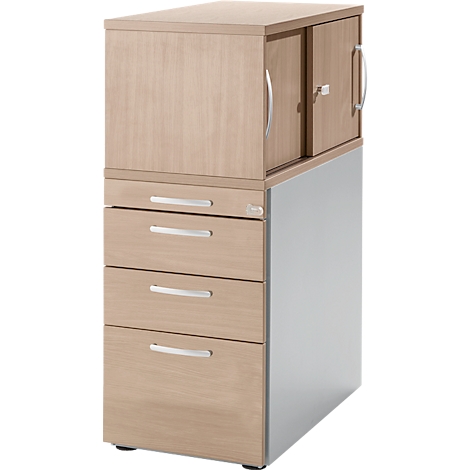 Office cabinet with drawers and cabinet compartment, in wood look, with silver handles and grey sides.