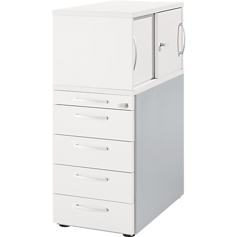 White office cabinet with drawers and a cabinet section with sliding doors. The cabinet stands on a light grey background.