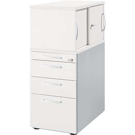 White filing cabinet with drawers and cabinet section with sliding doors and lock.