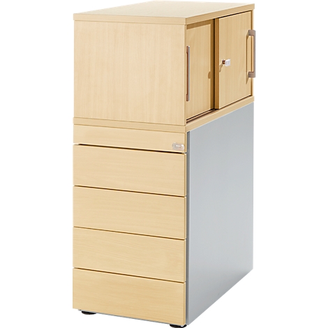 Cabinet with light wood fronts and a silver-gray body. Cabinet compartment at the top, drawers below, standing on dark feet.