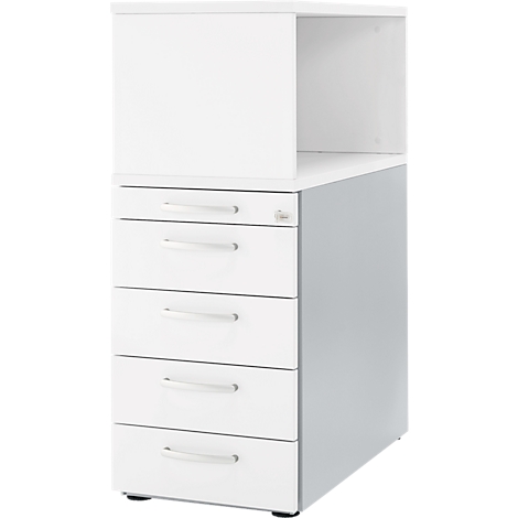 White pedestal with drawers, above an open shelf.
