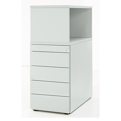 Grey, tall desk container with five drawers and open shelf part.