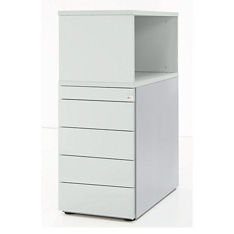 Gray filing cabinet with drawers and open compartment. Stands against a white background.