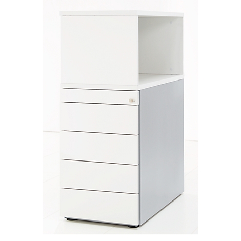 White-gray mobile pedestal with drawers and open shelf. Drawers and shelf are white, sides gray.