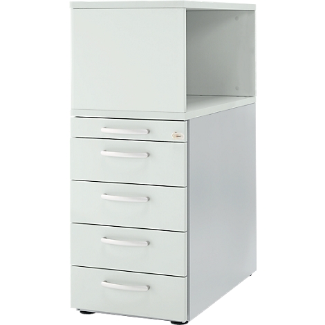 A white, tall filing cabinet with drawers and shelf.