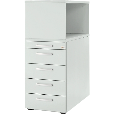 Light gray cabinet with drawers and an open compartment.