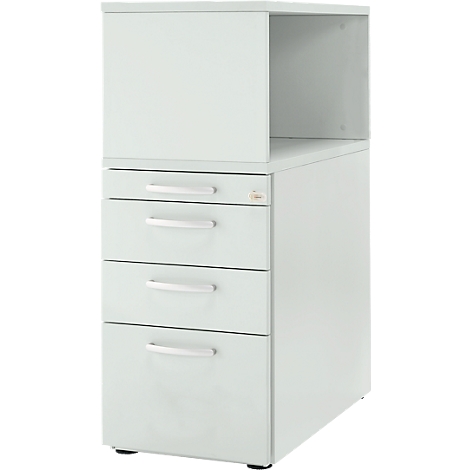 White filing cabinet with drawers and open compartment. Metal, silver handles. Three drawers, one open compartment.